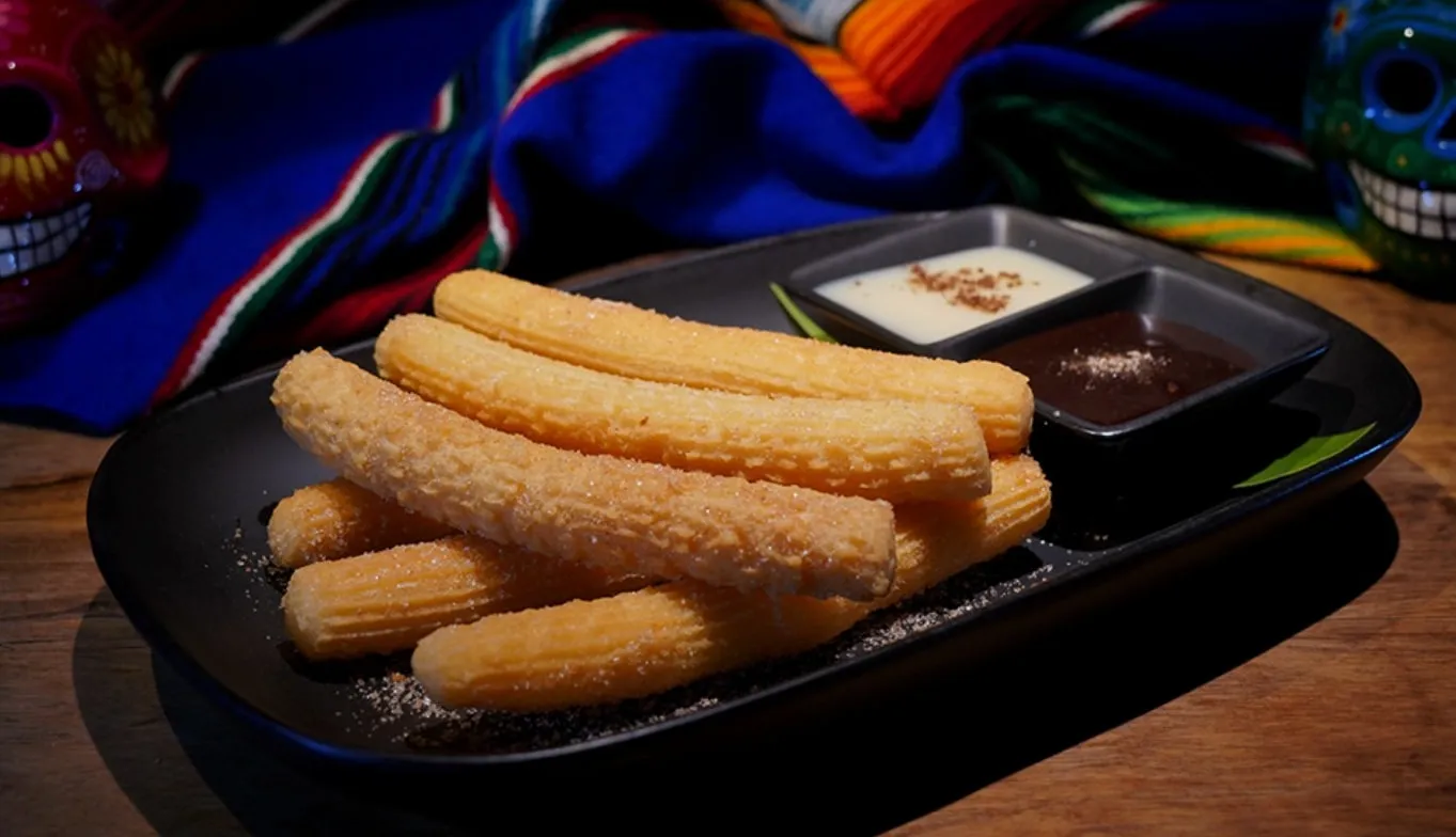 Cinnamon-sugar churros with chocolate sauce and condensed milk