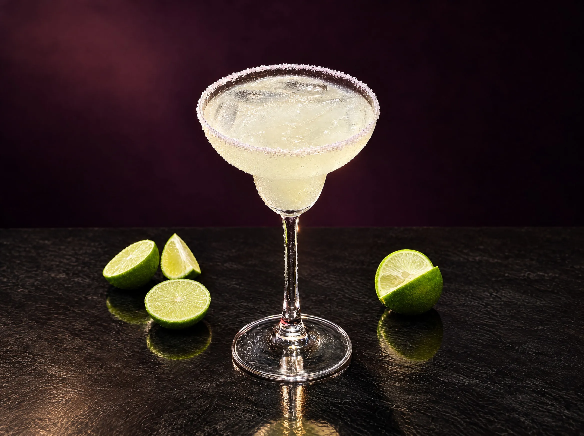 Frozen Original Lime Margarita with a salted rim and fresh limes